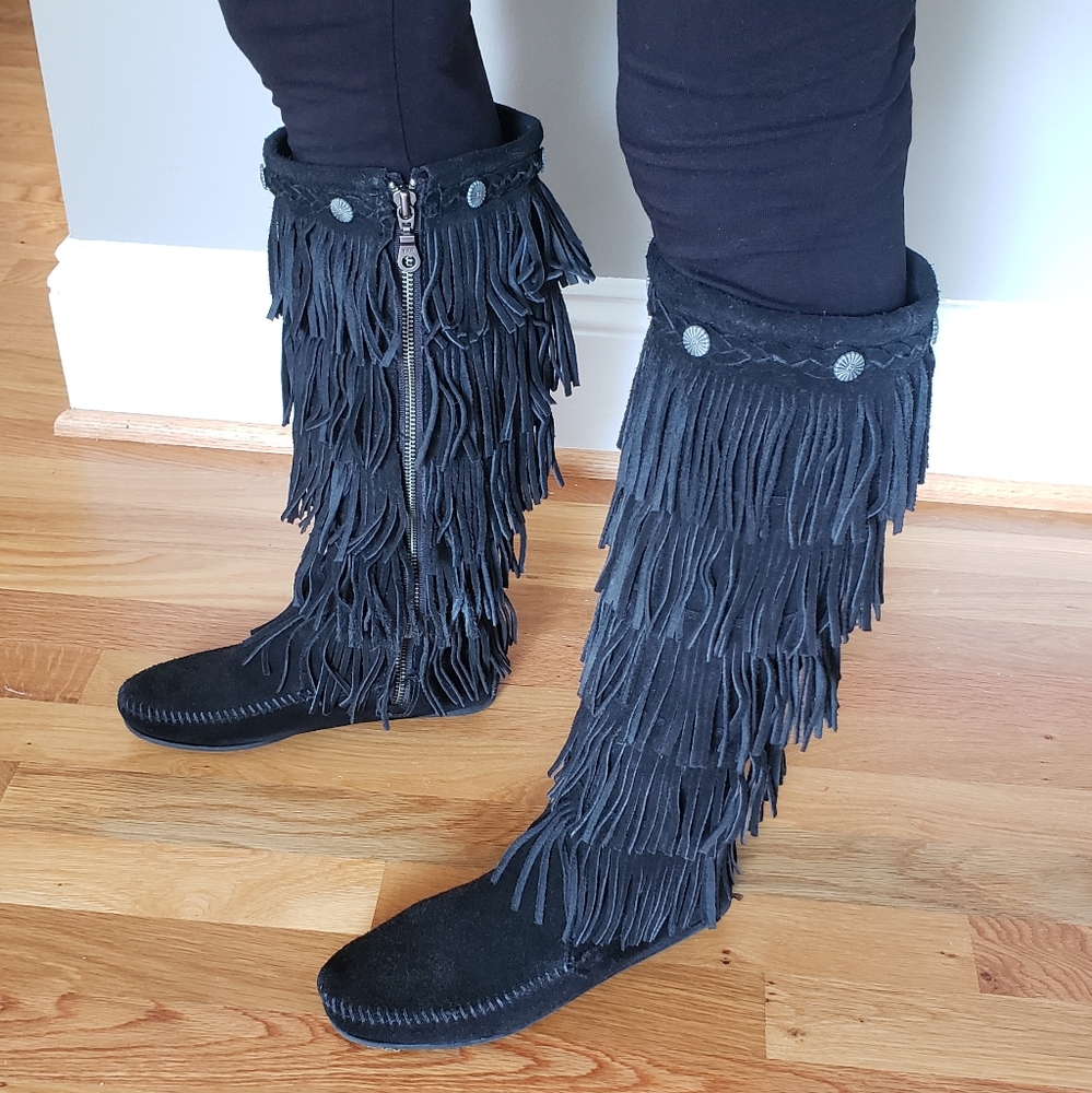 Minnetonka Fringe Tall Moccasin Boots Knee-high genuine leather